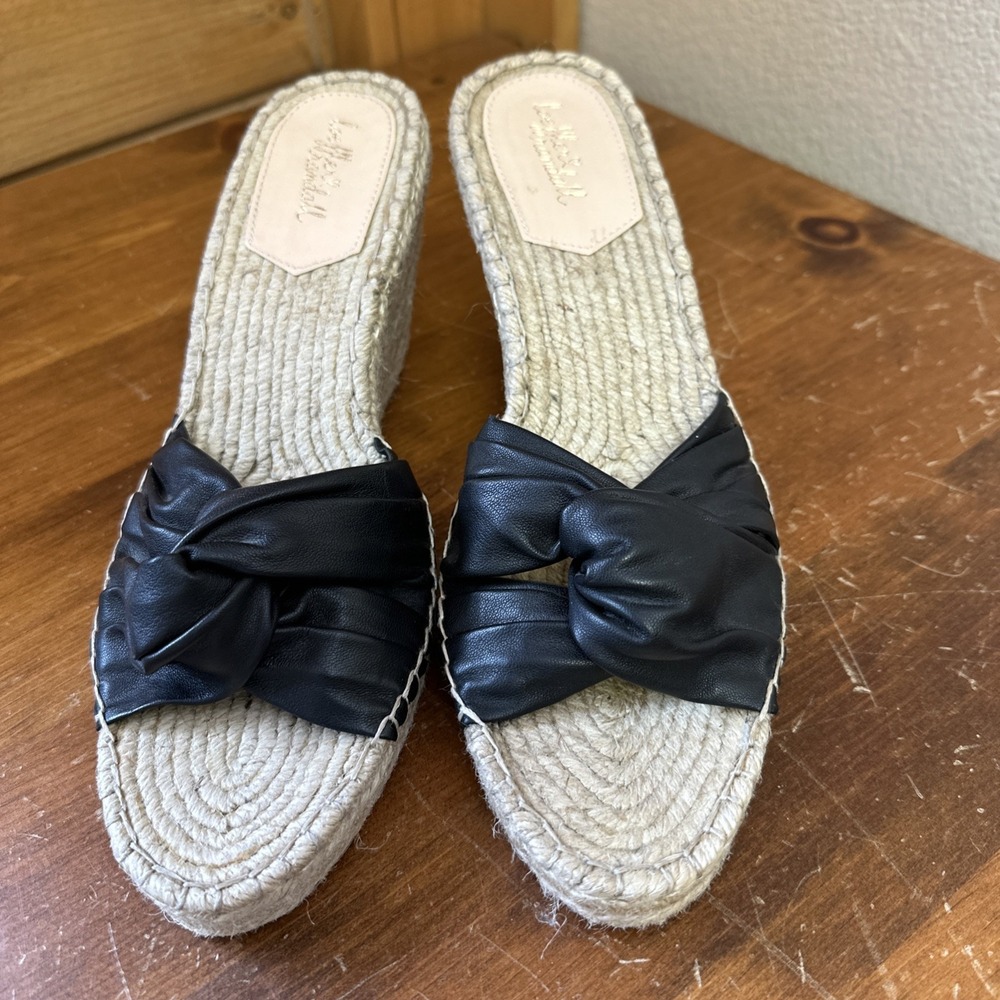 NEW Loeffler Randall Wedge Espadrille 9.5 Sandals Leather Black Designer Classic